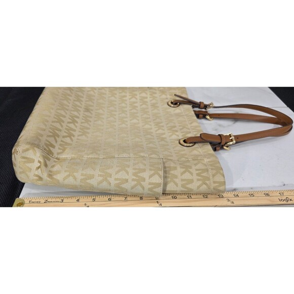 Michael Kors Jet Set Shopper Tote Large Beige Signature Logo Jacquard Travel Bag - Picture 15 of 16